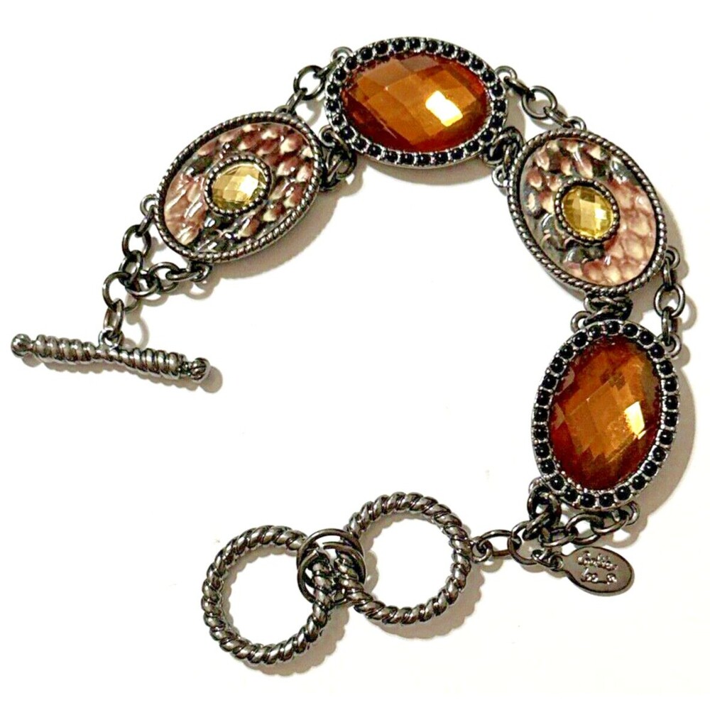COOKIE LEE Faux Snake Skin Bracelet Amber Faceted Cabochons Dark Silver Tone 8"